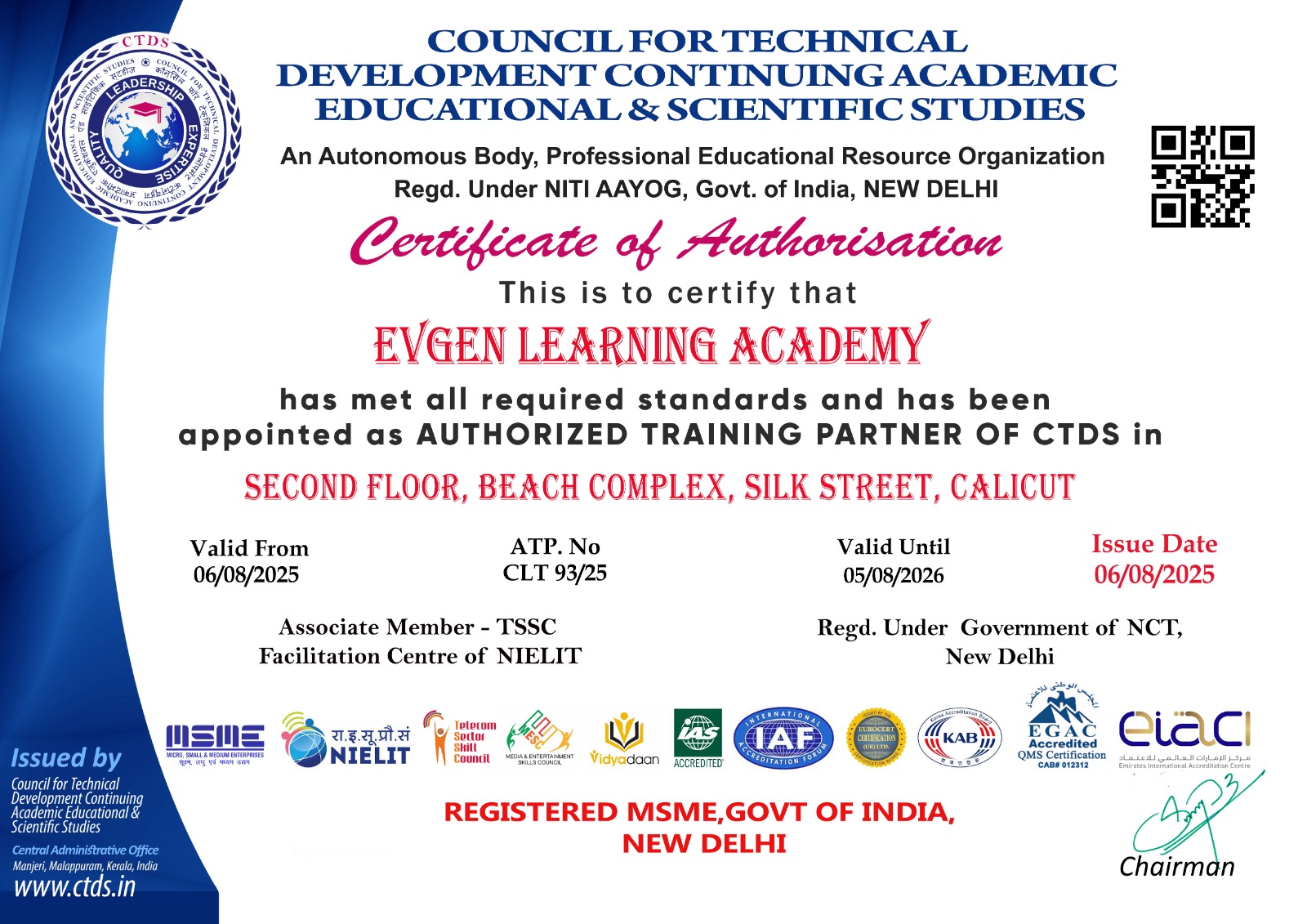 CTDS certificate of authorisation naming EVGEN Learning Academy an authorized training partner