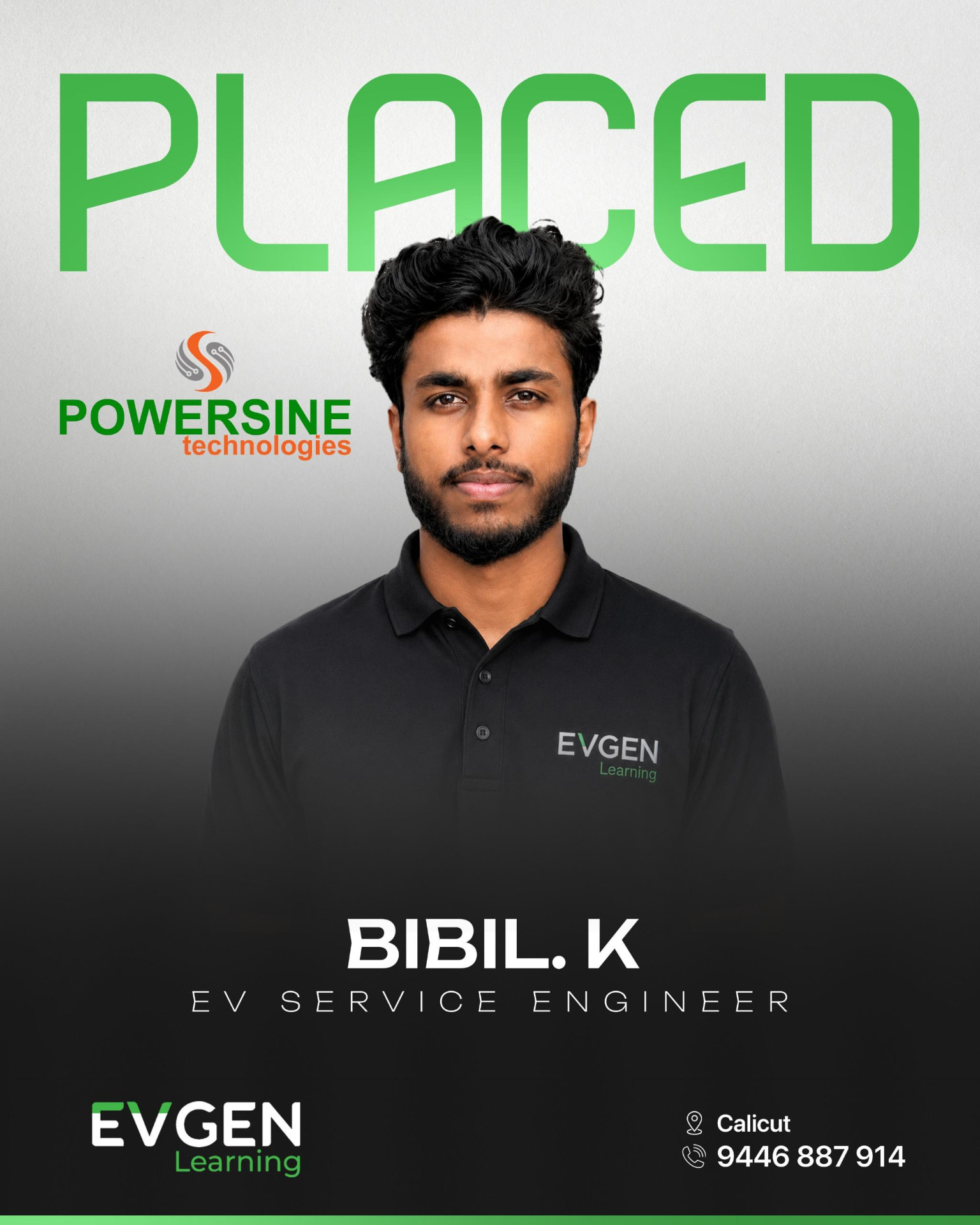 Bibil K, placed as EV Service Engineer at Powersine Technologies