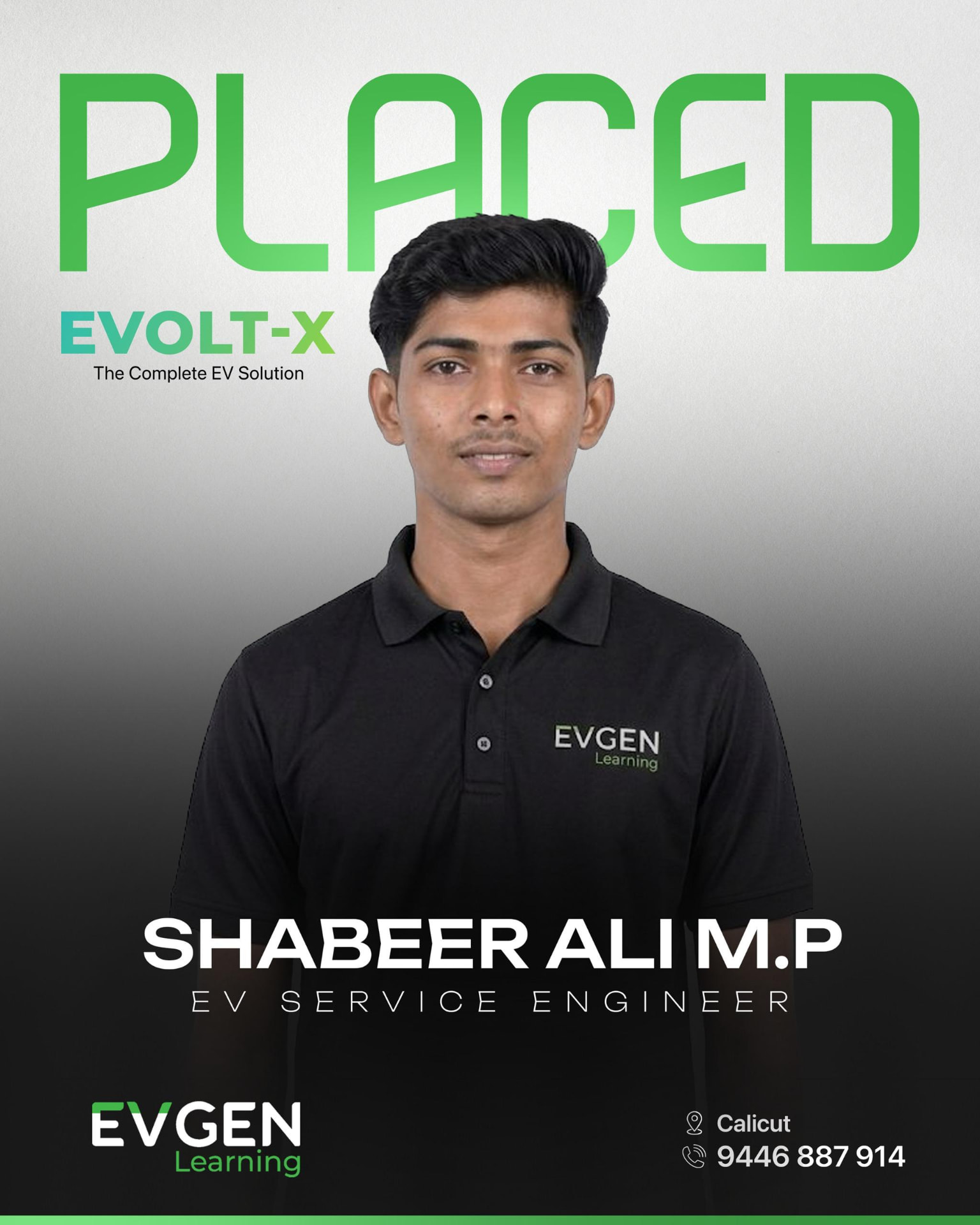 Shabeer Ali M.P, placed as EV Service Engineer at EVOLT-X