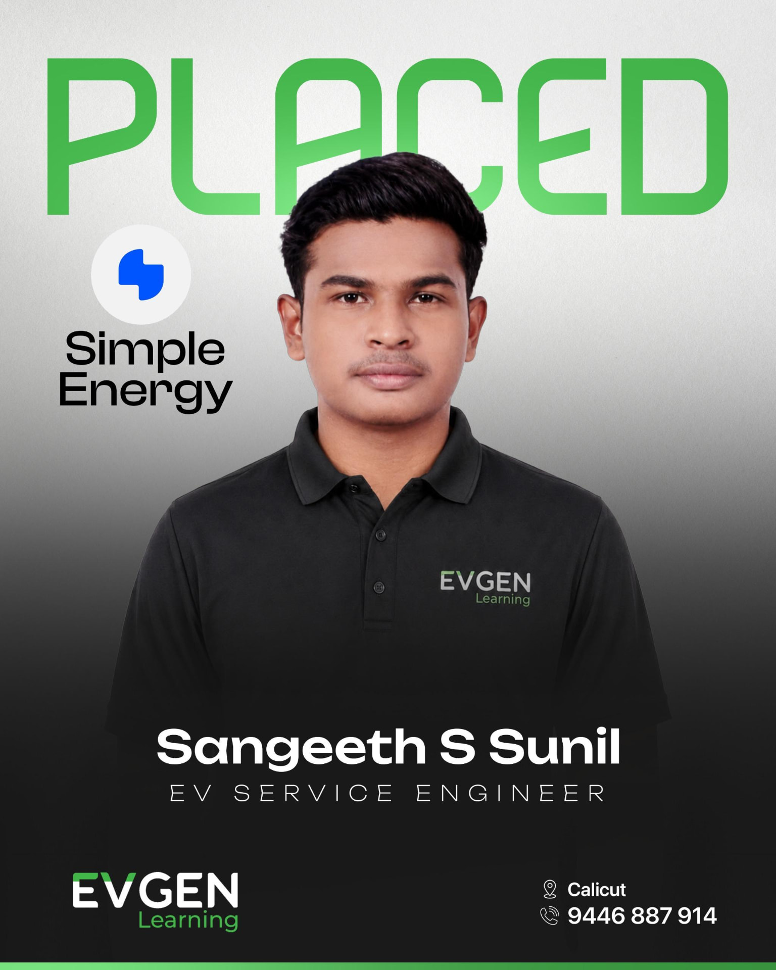 Sangeeth S Sunil, placed as EV Service Engineer at Simple Energy