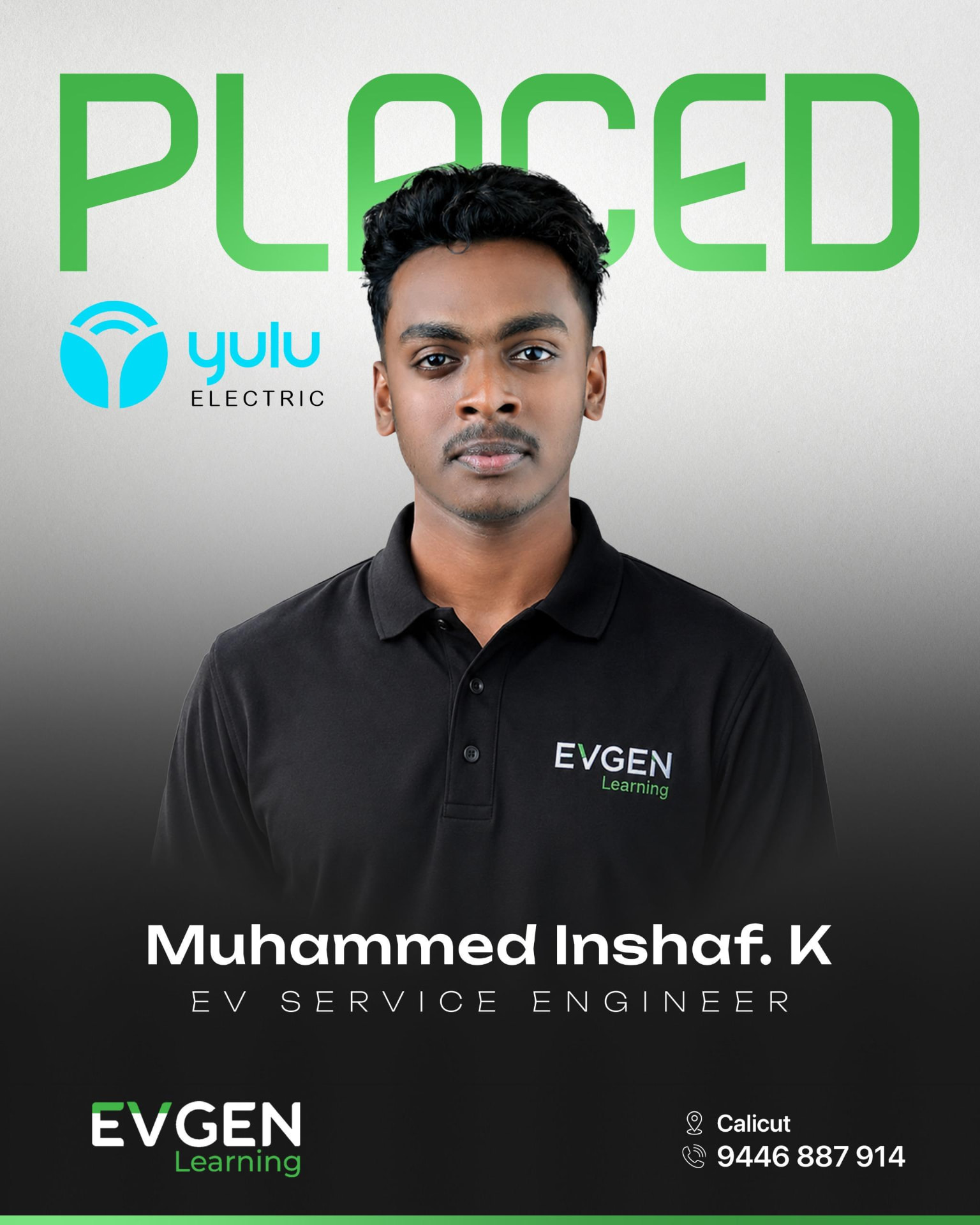 Muhammed Inshaf K, placed as EV Service Engineer at Yulu Electric