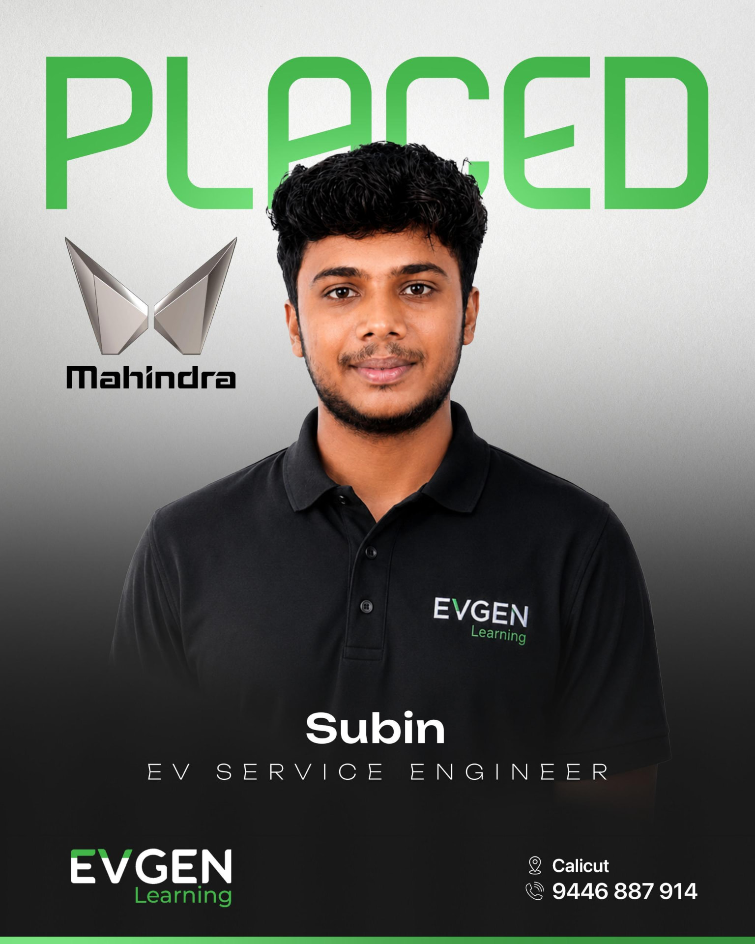 Subin, placed as EV Service Engineer at Mahindra